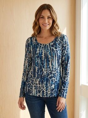 TanJay Blue Animal Print Sequin Long Sleeve Top Large